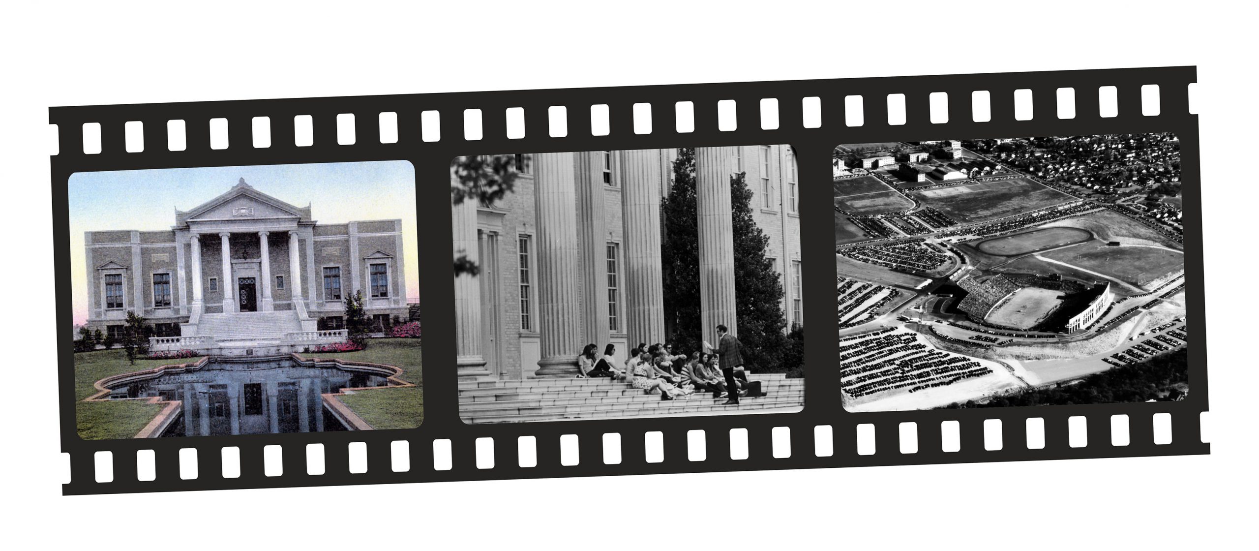 Three historical black-and-white photographs of TCU's campus framed within a film roll: the library, the football stadium, and an administrative building.