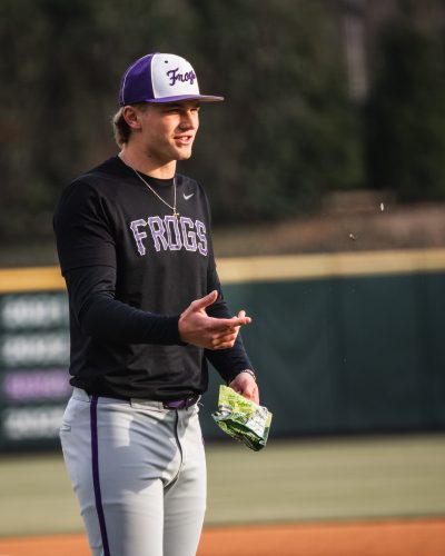 TCU sophomore pitcher Trever Baumler gestures while speaking during practice.
