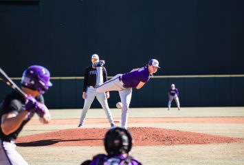 TCU baseball pitcher throws during practice at Lupton Stadium