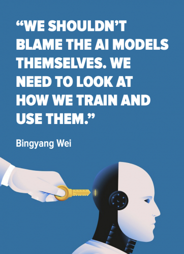 Illustration of a human hand holding a golden key approaching an AI robot head with a keyhole, accompanying the quote: "We shouldn't blame the AI models themselves. We need to look at how we train and use them" by Bingyang Wei on a blue background.