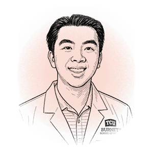 Davis Le in a slightly pink-shaded simple photo illustration