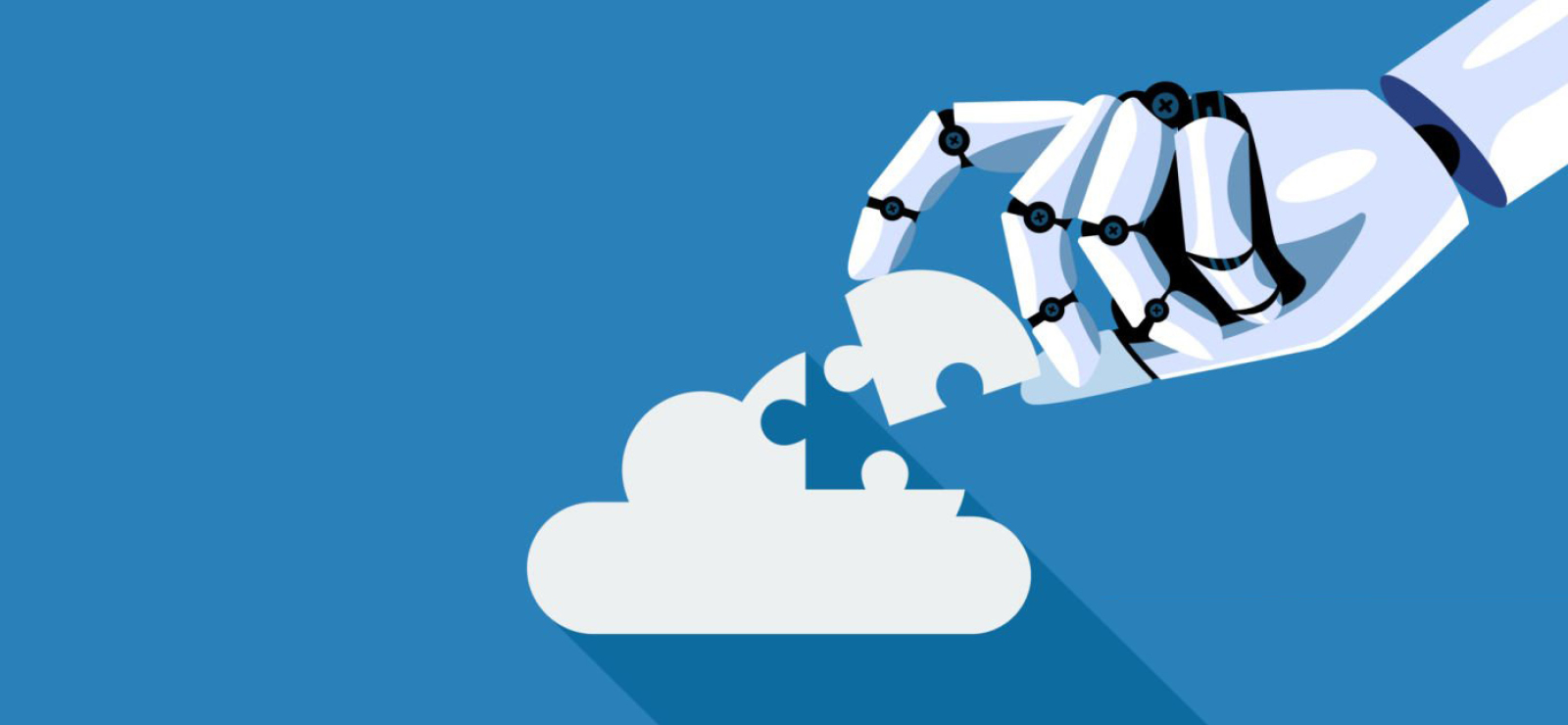 A robotic hand assembling a puzzle piece out of a cloud over a blue background.