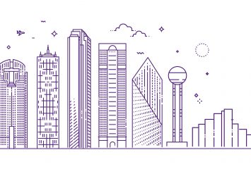 Line art illustration of Dallas skyline featuring iconic buildings including Reunion Tower, drawn in purple on cream background.