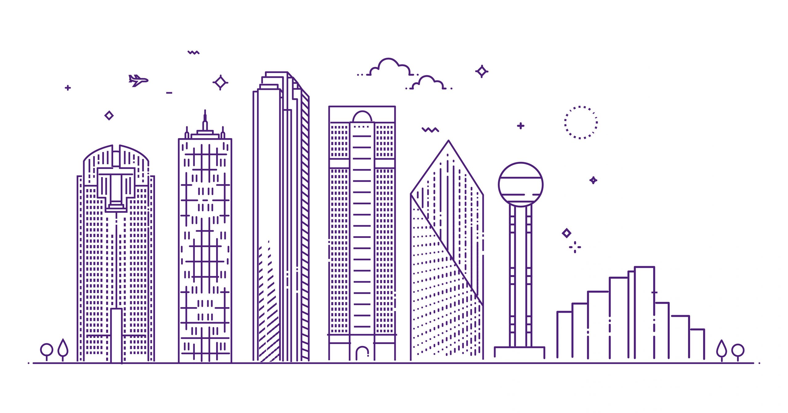 Line art illustration of Dallas skyline featuring iconic buildings including Reunion Tower, drawn in purple on cream background.