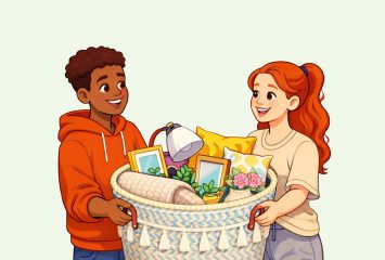 Illustration of two smiling students carrying a basket overflowing with household donations — including picture frames, a lamp, pillows, and plants — representing the ReFrog Initiative's move-out donation drive.