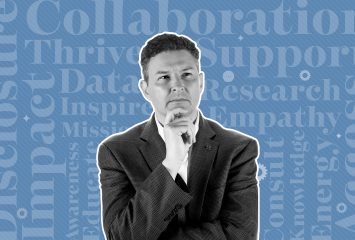 TCU College of Education Professor Michael Faggella-Luby poses in a thoughtful stance, chin resting on a clasped hand, in a photo illustration with a blue word-cloud background featuring terms such as Collaboration, Support, Research, Empathy and Dialogue.