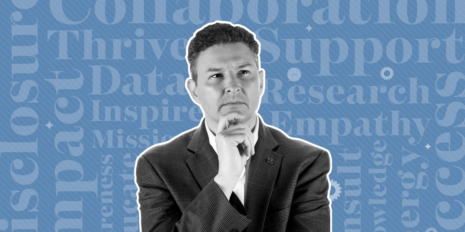 TCU College of Education Professor Michael Faggella-Luby poses in a thoughtful stance, chin resting on a clasped hand, in a photo illustration with a blue word-cloud background featuring terms such as Collaboration, Support, Research, Empathy and Dialogue.