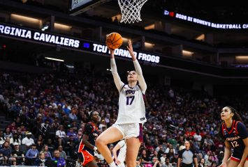 TCU student-athlete Clara Silva attempts a layup near the rim while Virginia defenders watch during a 2026 NCAA Tournament game.
