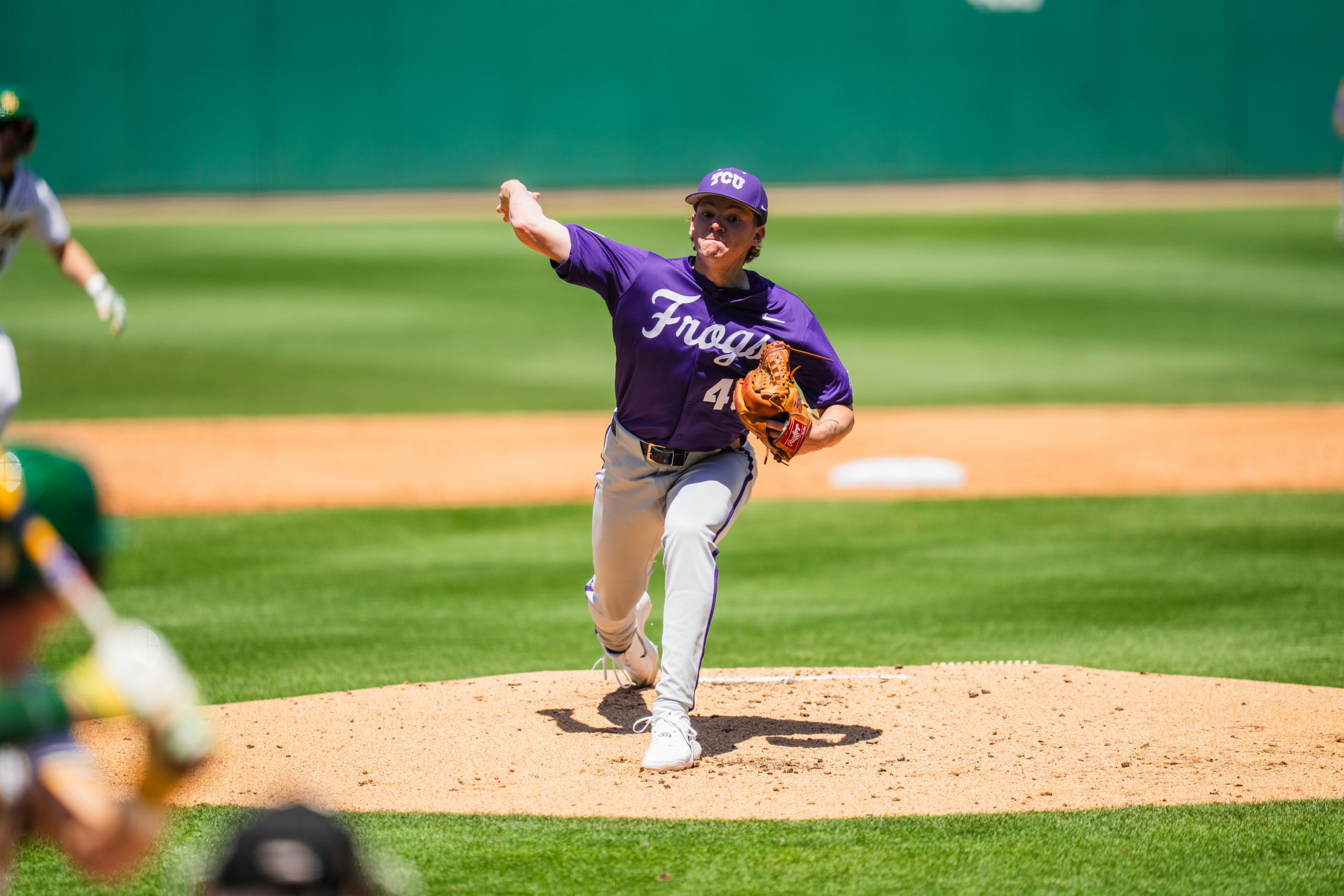 TCU pitcher Lance Davis delivers a pitch during a game against Baylor in April 2026.