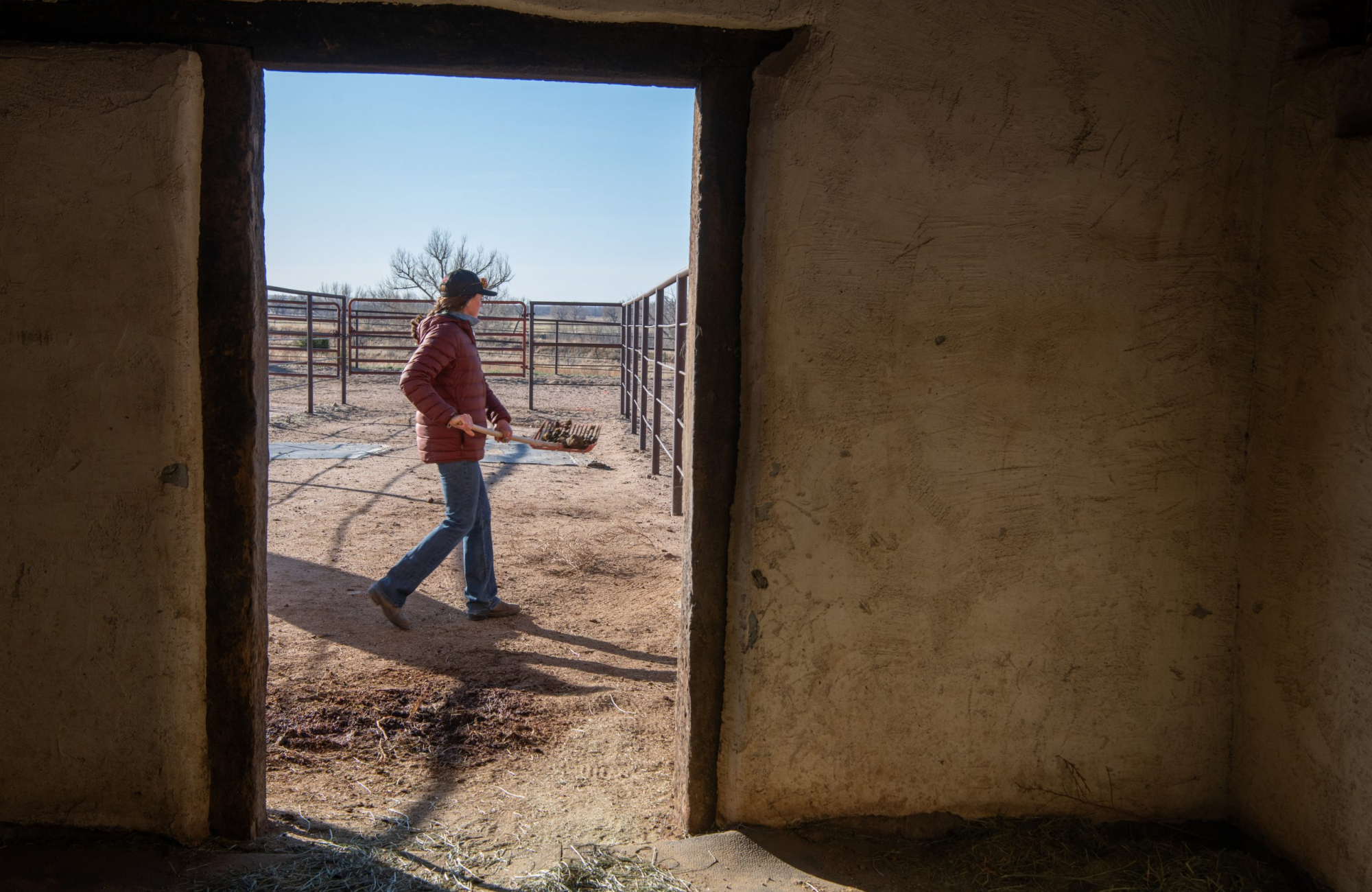 Framed through an adobe barn doorway, a woman in a ball cap and red puffer jacket walks across a livestock pen carrying a pitchfork, with metal corral panels and bare trees visible beyond.