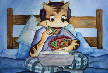 Watercolor illustration of a smiling horned frog in headphones, propped up in bed in checkered pajamas with a laptop resting on its lap, snacking on a bowl of cookies shaped like TCU rivals’ mascots — a Texas Longhorn, an SMU Mustang, a Baylor Bear and an Oklahoma State Cowboy.