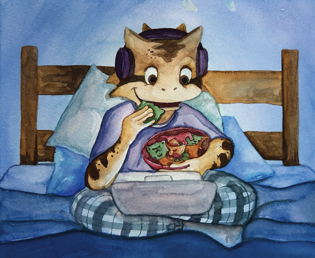 Watercolor illustration of a smiling horned frog in headphones, propped up in bed in checkered pajamas with a laptop resting on its lap, snacking on a bowl of cookies shaped like TCU rivals’ mascots — a Texas Longhorn, an SMU Mustang, a Baylor Bear and an Oklahoma State Cowboy.