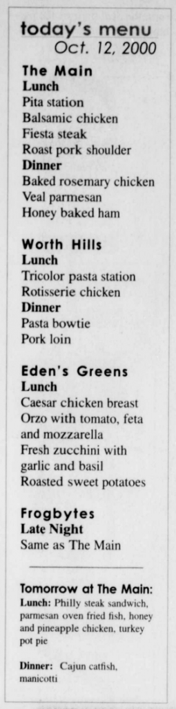 Scan of a Skiff “today’s menu” column dated Oct. 12, 2000, listing lunch and dinner options at The Main, Worth Hills and Eden's Greens, with a Frogbytes Late Night section noting the menu was the same as The Main.