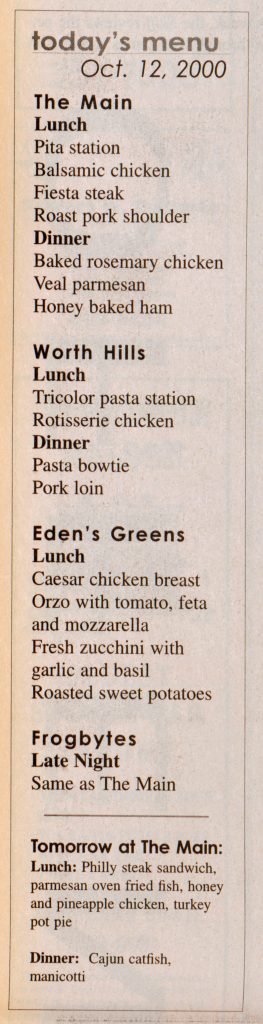 Scan of a Skiff “today’s menu” column dated Oct. 12, 2000, listing lunch and dinner options at The Main, Worth Hills and Eden's Greens, with a Frogbytes Late Night section noting the menu was the same as The Main.
