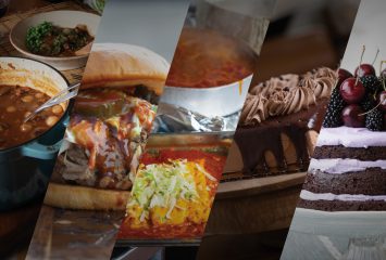 Collage of six diagonal panels showing close-ups of various dishes, including stews in bowls and pots, a sandwich with pickle and sauce, a cheese-topped dish, a chocolate frosted cake, and a layered cake topped with berries.
