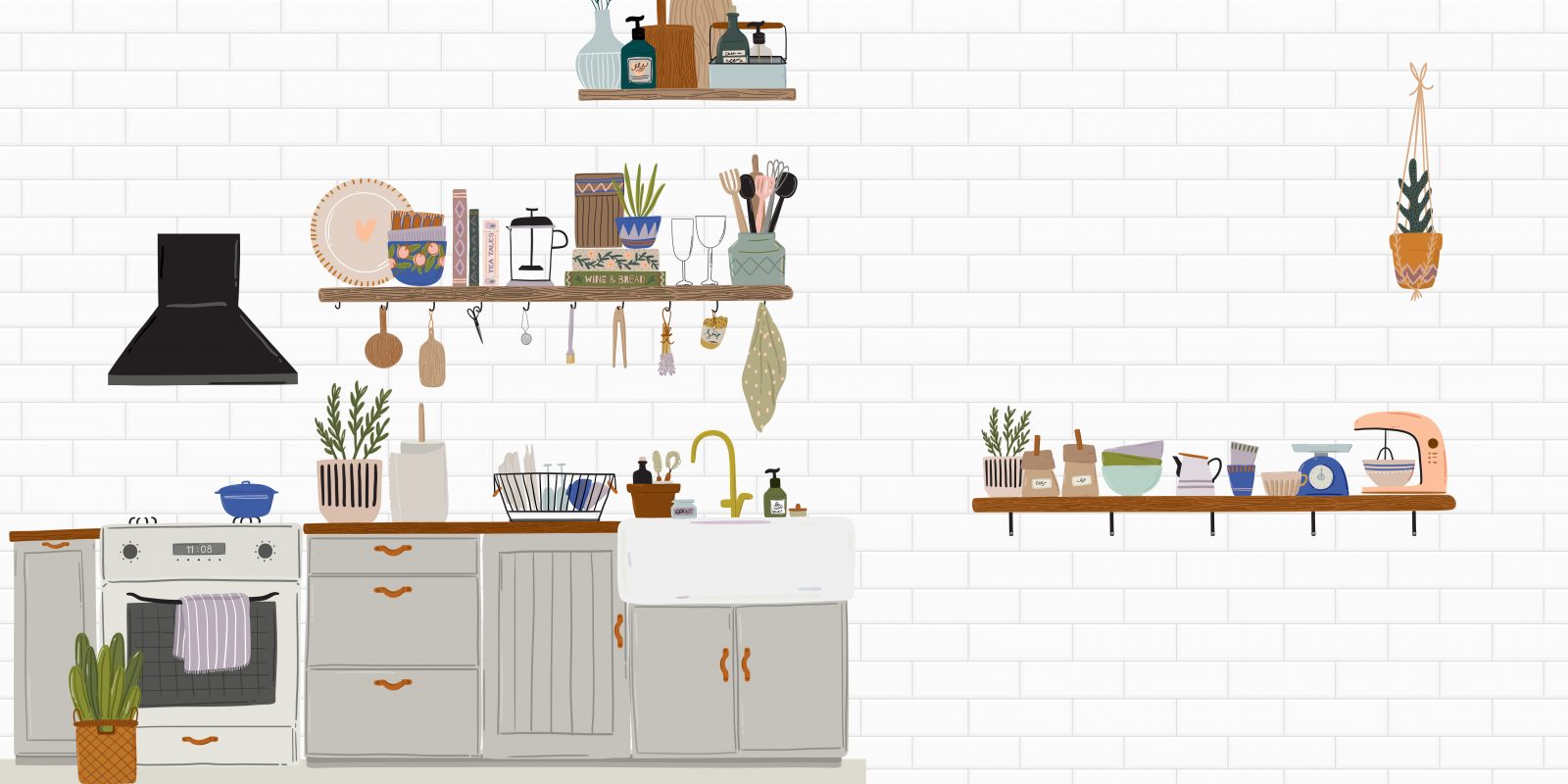 Illustration of a bright, airy kitchen with white subway tile walls, gray cabinets, a farmhouse sink and a vintage stove. Open wooden shelves hold cookbooks, ceramic dishes, a French press, wine glasses, utensils and potted herbs, with a striped tea towel draped over the oven door and a patterned round rug on the floor.