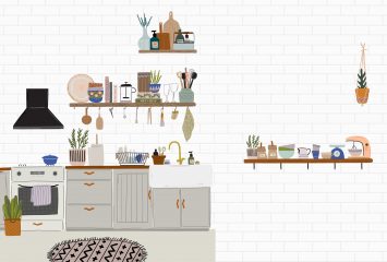 Illustration of a bright, airy kitchen with white subway tile walls, gray cabinets, a farmhouse sink and a vintage stove. Open wooden shelves hold cookbooks, ceramic dishes, a French press, wine glasses, utensils and potted herbs, with a striped tea towel draped over the oven door and a patterned round rug on the floor.