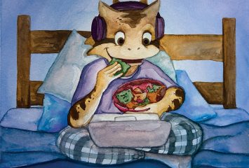 Watercolor illustration of a smiling horned frog in headphones, propped up in bed in checkered pajamas with a laptop resting on its lap, snacking on a bowl of cookies shaped like TCU rivals’ mascots — a Texas Longhorn, an SMU Mustang, a Baylor Bear and an Oklahoma State Cowboy.