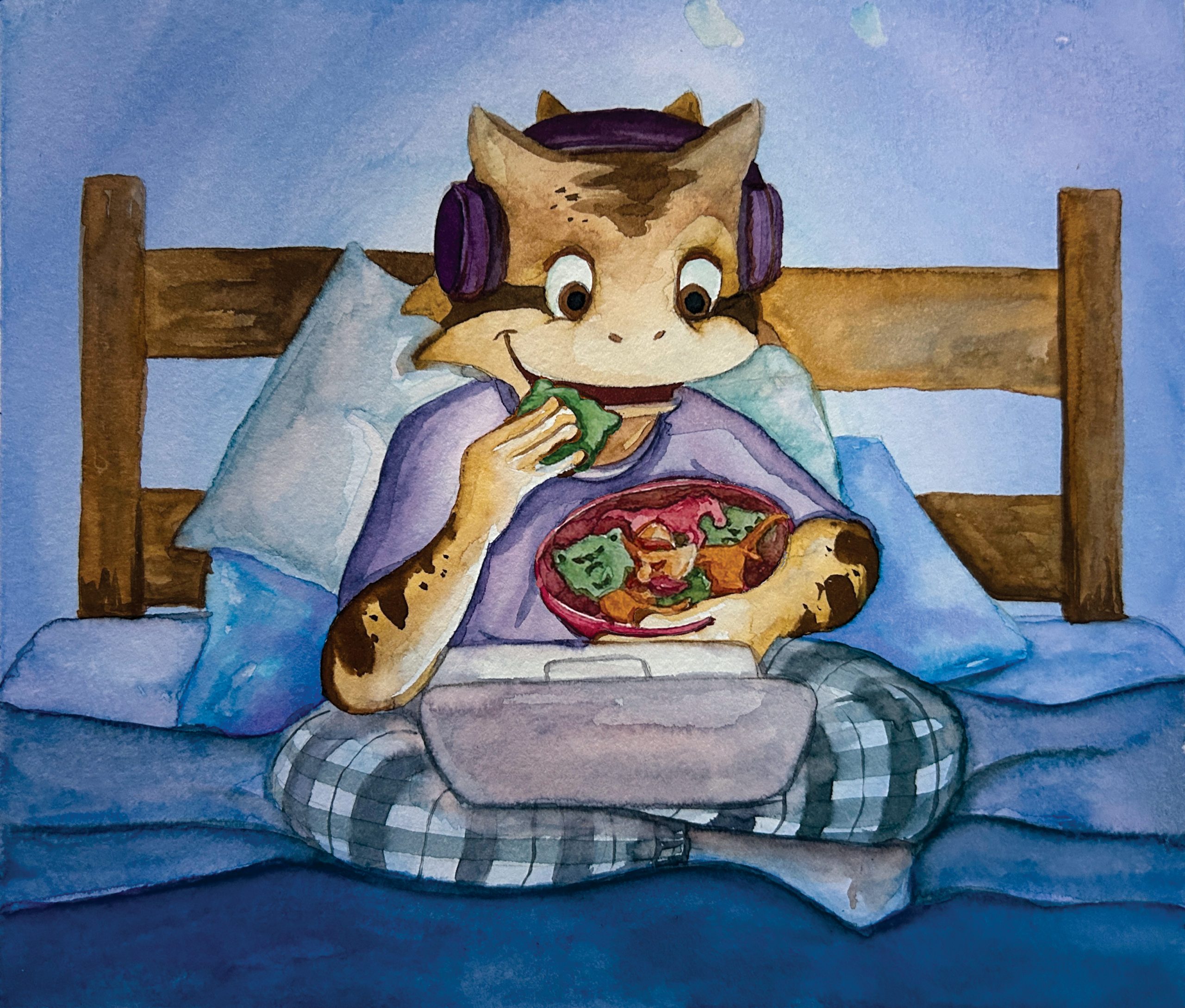 Watercolor illustration of a smiling horned frog in headphones, propped up in bed in checkered pajamas with a laptop resting on its lap, snacking on a bowl of cookies shaped like TCU rivals’ mascots — a Texas Longhorn, an SMU Mustang, a Baylor Bear and an Oklahoma State Cowboy.