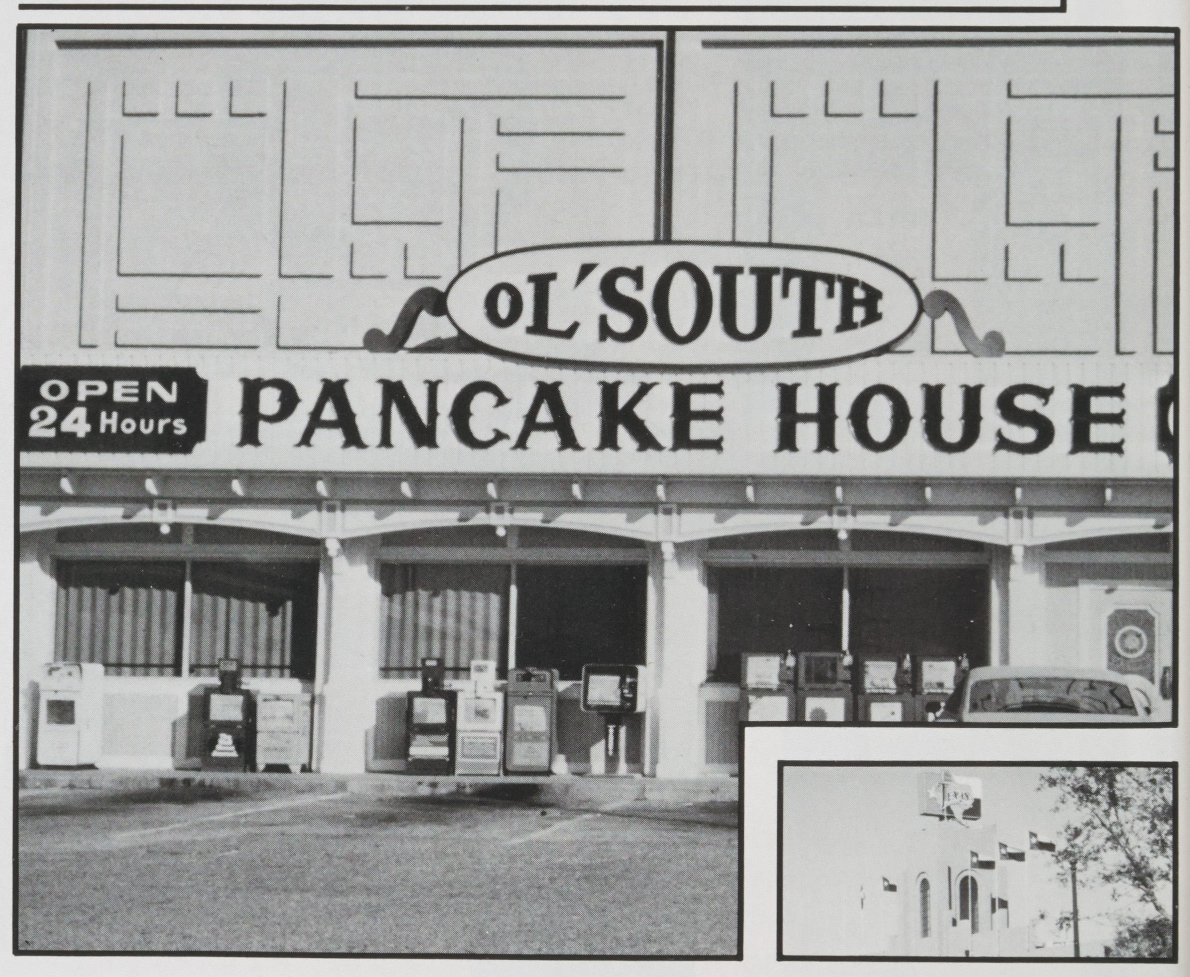 Black-and-white photo of the Ol’ South Pancake House storefront from the 1988 Horned Frog yearbook, featuring the restaurant’s oval logo sign above large block lettering and an ‘Open 24 Hours’ notice. A row of newspaper vending machines lines the sidewalk under the awning, with an empty parking lot in the foreground.
