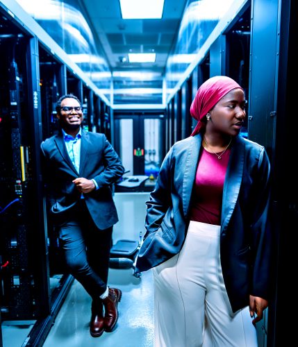 TCU students Happy Herman and Diarra Niang stand in a narrow aisle between rows of black server racks. Herman, at left, leans against a rack in a gray suit and light blue shirt, smiling toward the camera. Niang stands in the right foreground in a pink head wrap, pink top, gray blazer and white trousers, looking off to her right. Overhead fluorescent panels cast blue light down the corridor.