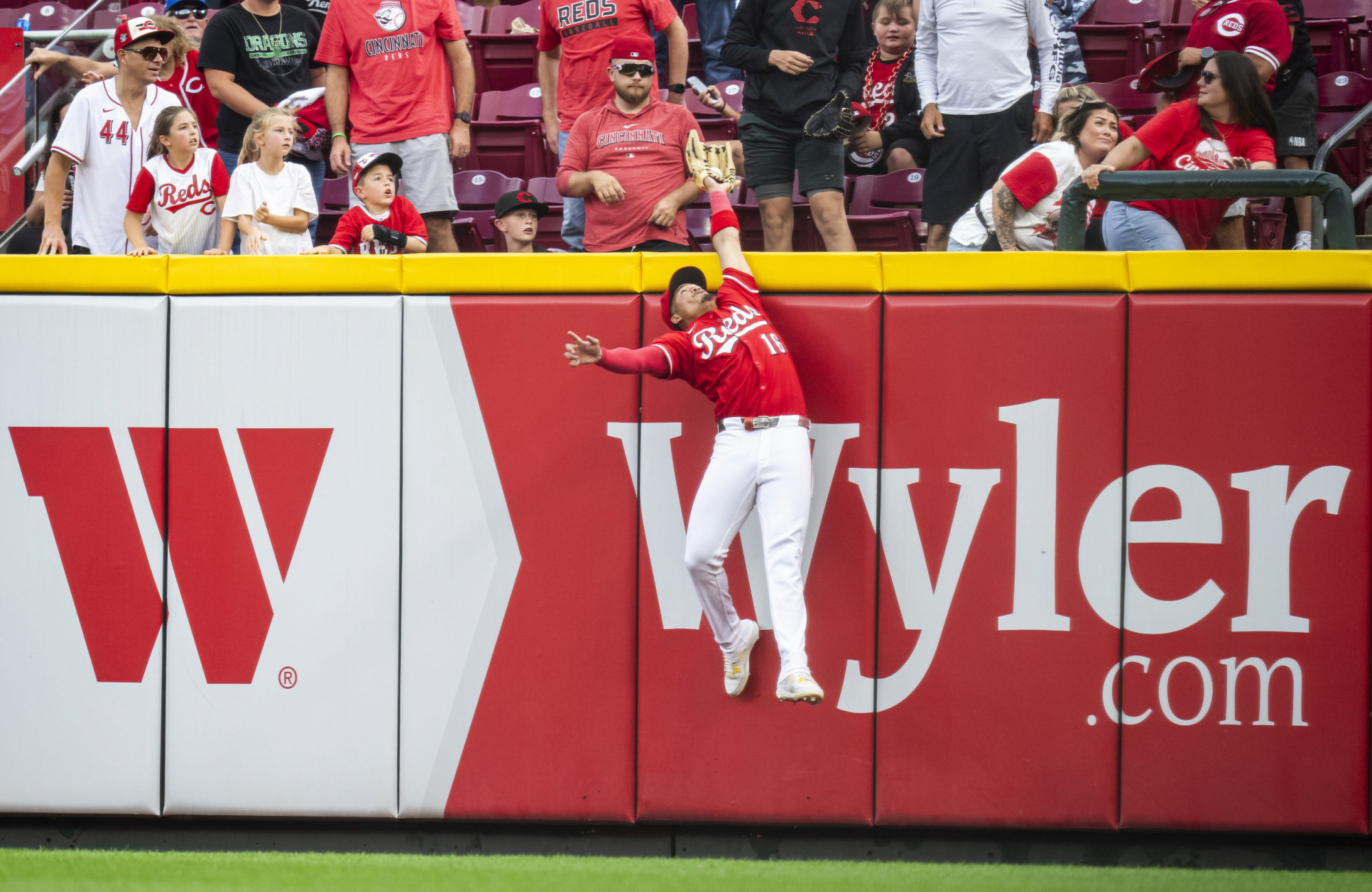 A Cincinnati Reds outfielder leaps at the outfield wall, glove extended above the padding, as fans lean over the rail behind him.