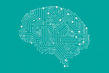 An illustration of a brain in profile, drawn as white circuit board traces and nodes on a teal background.