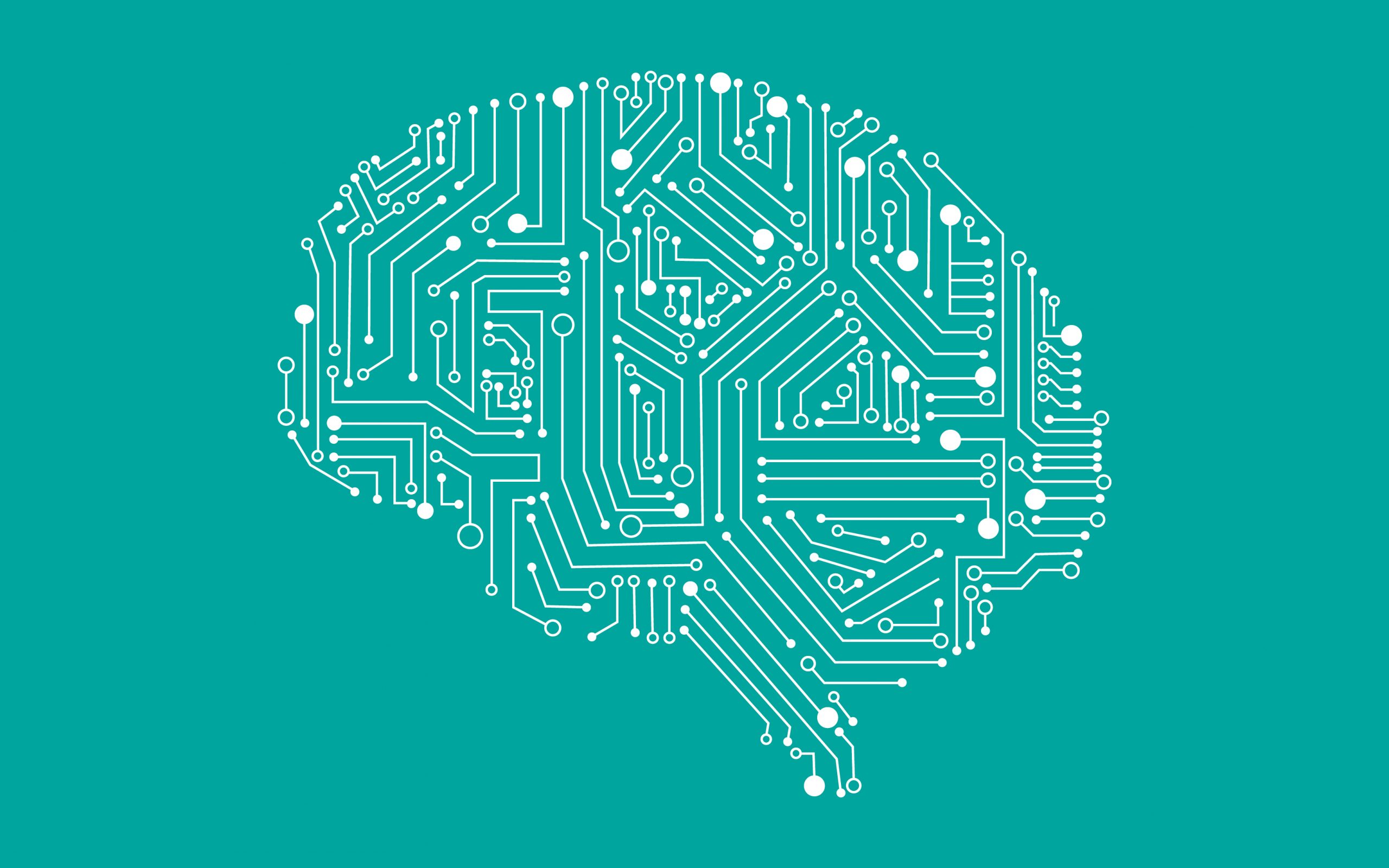 An illustration of a brain in profile, drawn as white circuit board traces and nodes on a teal background.