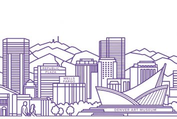 Line-art illustration of downtown Denver, Colorado, featuring mountains, skyscrapers, trees, pedestrians and the Denver Art Museum in the foreground.