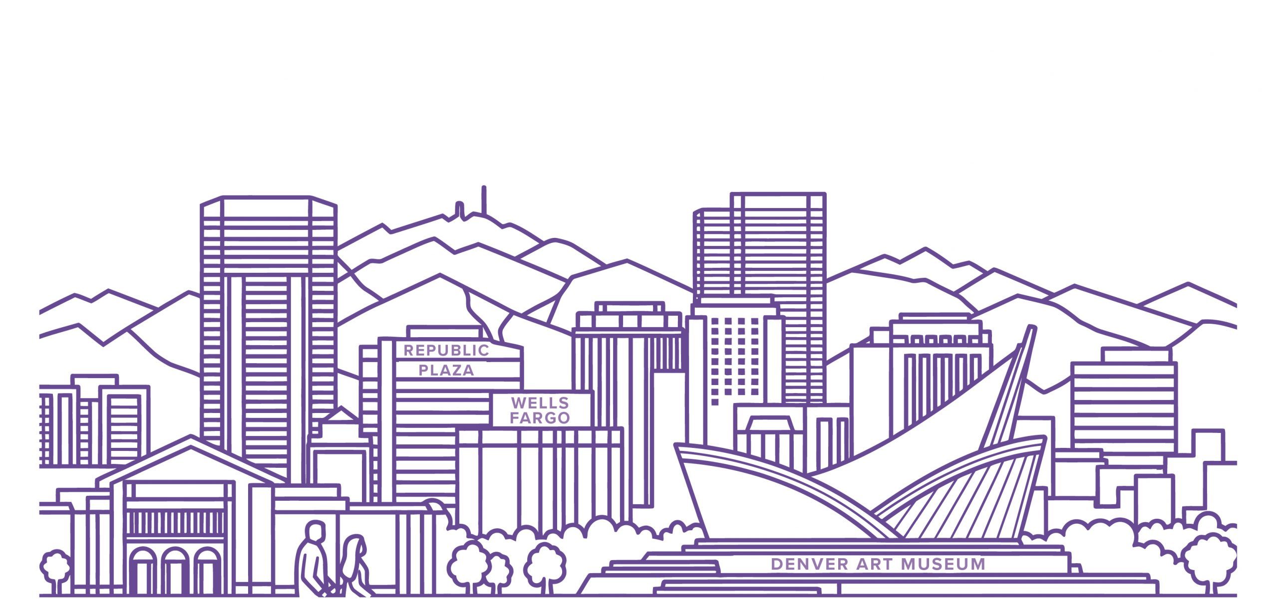 Line-art illustration of downtown Denver, Colorado, featuring mountains, skyscrapers, trees, pedestrians and the Denver Art Museum in the foreground.