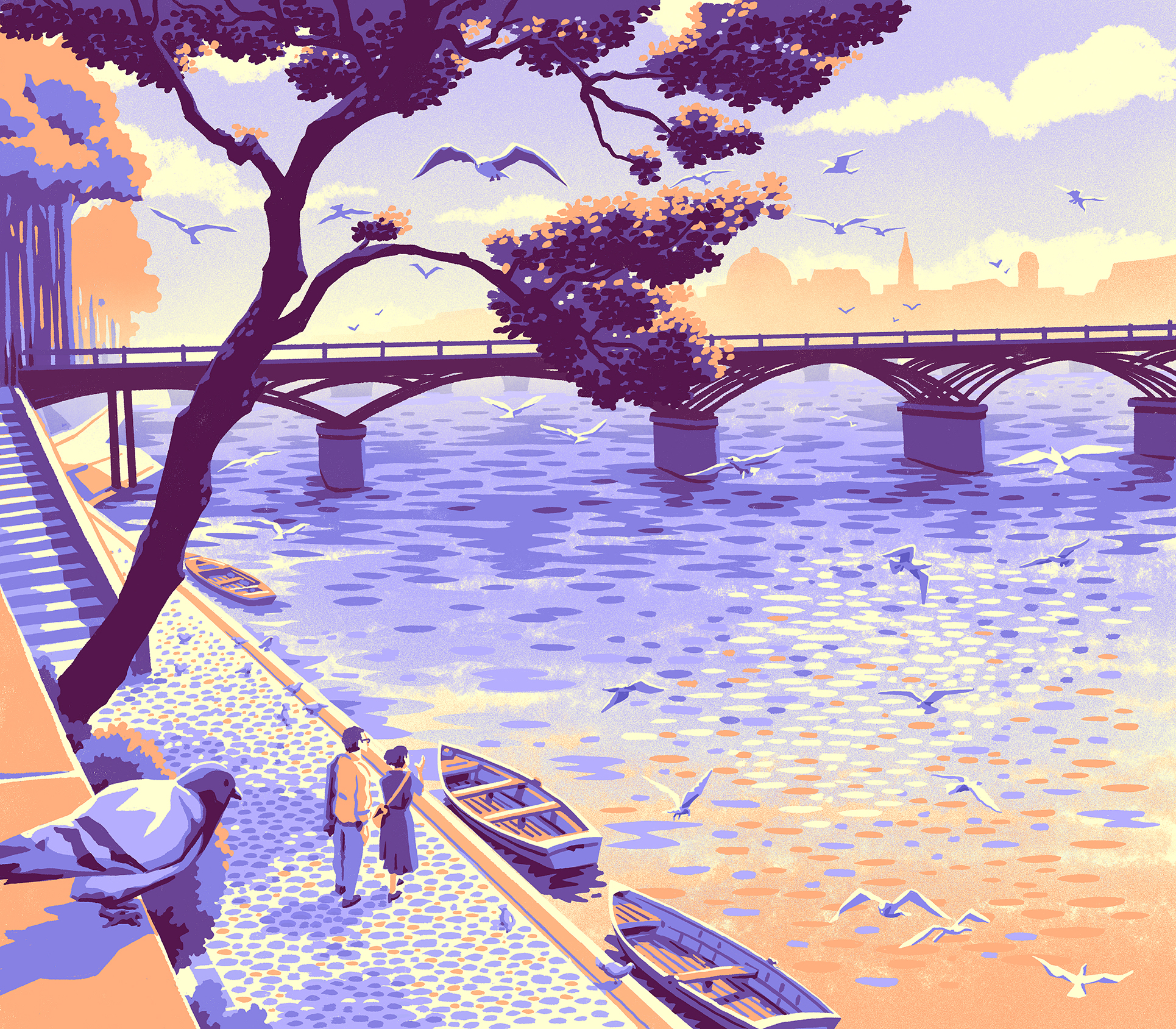 Stylized illustration in purple, orange and cream of a river lined with a cobblestone walkway and moored rowboats. Gulls fill the sky and water, an arched bridge crosses the middle distance, a pigeon perches in the foreground, and two figures stand talking beside the water.