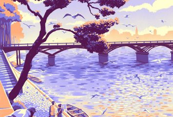 Stylized illustration in purple, orange and cream of a river lined with a cobblestone walkway and moored rowboats. Gulls fill the sky and water, an arched bridge crosses the middle distance, a pigeon perches in the foreground, and two figures stand talking beside the water.