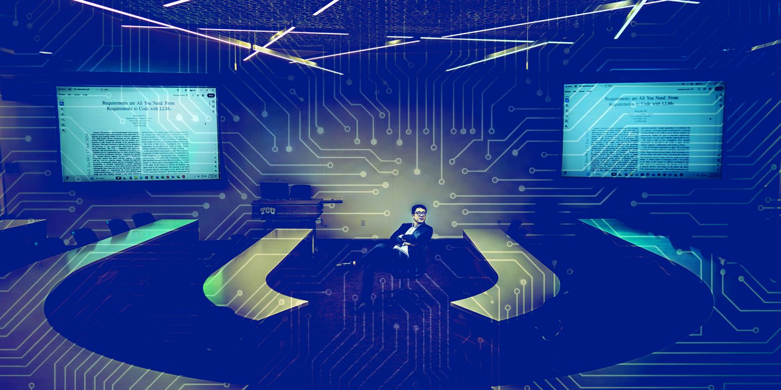 Bingyang Wei, TCU computer science professor, sits with arms crossed at the center of a darkened classroom in the Neeley School of Business. Two large wall-mounted screens on either side display his research paper, ‘Requirements are All You Need: From Requirements to Code with LLMs.’ The photo is overlaid with a blue-and-gold circuit board graphic and intersecting light beams across the ceiling.
