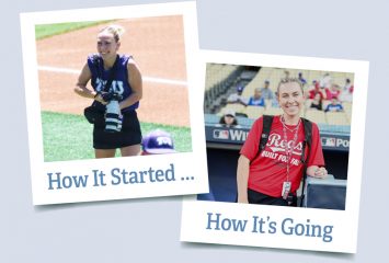 Two photographs styled as tilted snapshots. In one, labeled “How It Started,” Kate Woolson stands on a baseball field in a purple TCU jersey holding a camera. In the other, labeled “How It's Going,” she stands in a ballpark in a red Cincinnati Reds shirt with camera equipment on her shoulder.