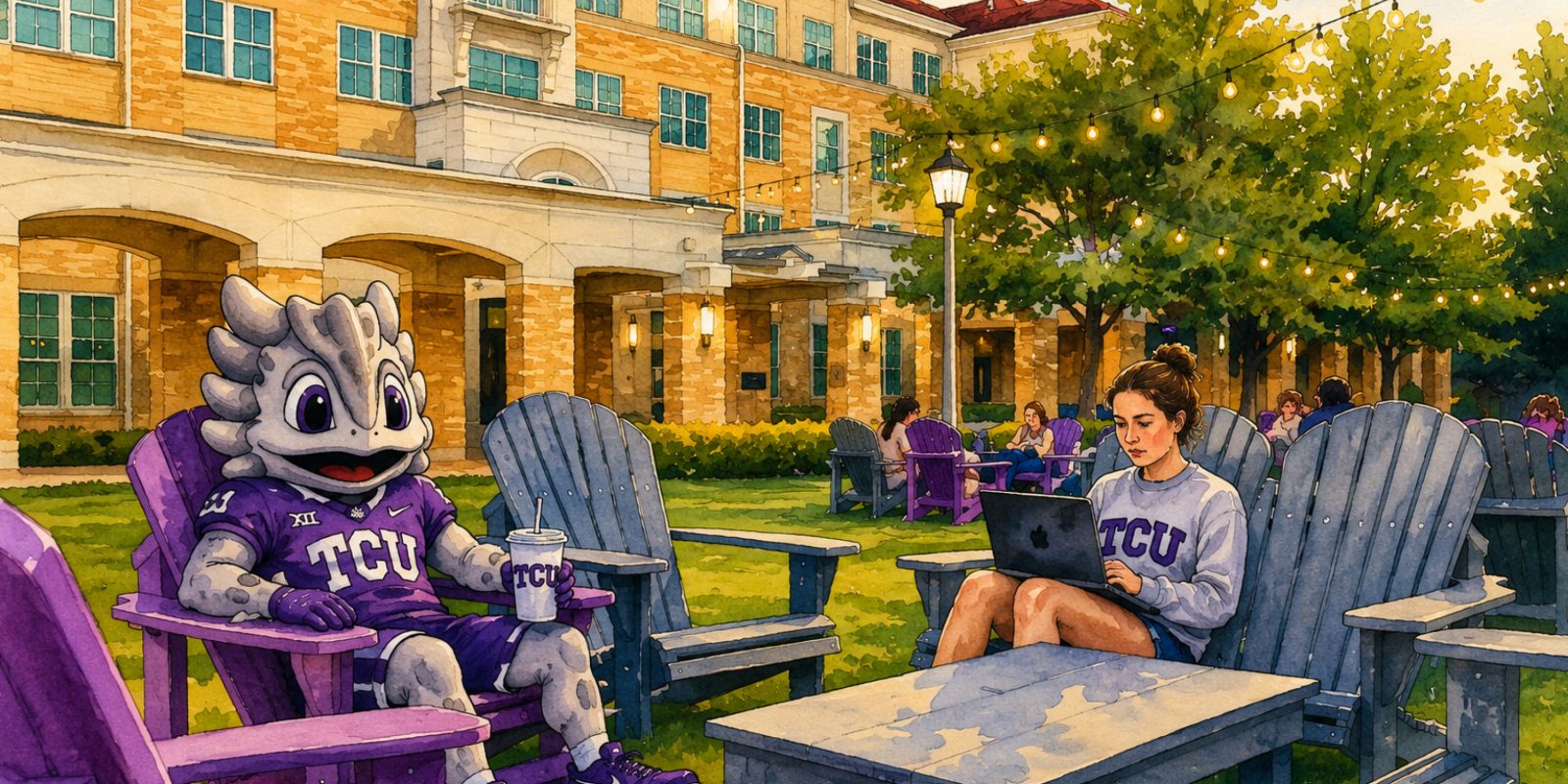 Watercolor illustration of a costumed horned frog mascot in a purple TCU jersey and a person with a laptop, seated in Adirondack chairs on a campus lawn.