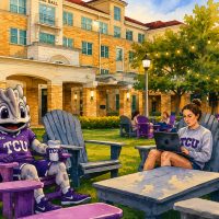 Watercolor illustration of a costumed horned frog mascot in a purple TCU jersey and a person with a laptop, seated in Adirondack chairs on a campus lawn.