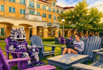Watercolor illustration of a costumed horned frog mascot in a purple TCU jersey and a person with a laptop, seated in Adirondack chairs on a campus lawn.